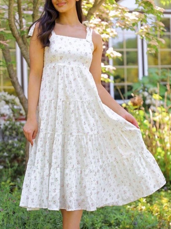 Storia Dresses & Skirts - Storia White Swiss Dot Floral Tiered Midi Dress Cottagecore Size Small